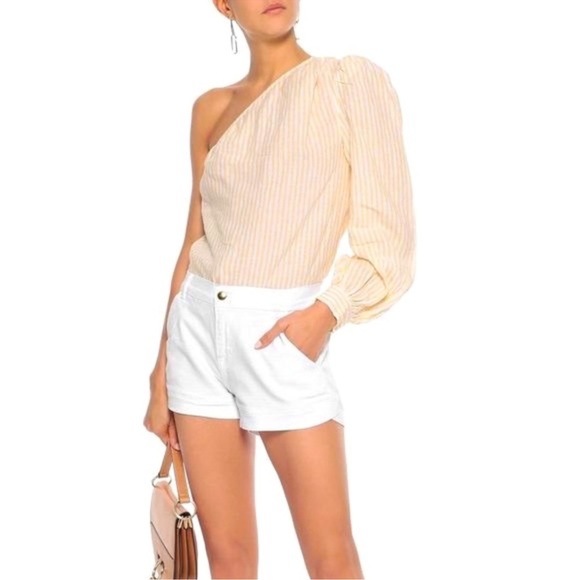 Frame Denim Linen One Shoulder Long Puff Sleeve Yellow Striped Blouse Top XS - Picture 1 of 11